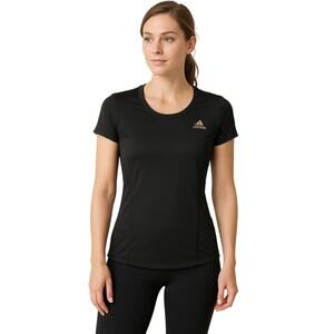Adidas Women's Small Black Active Tee Gold Logo Mesh Panels Running Training Top